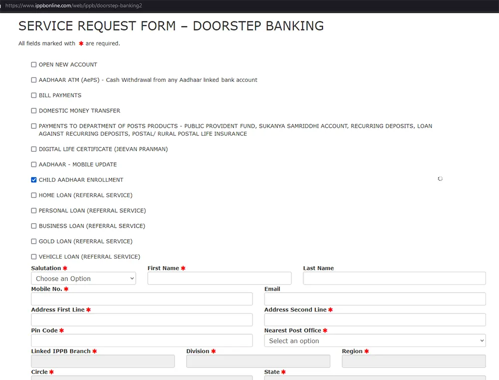 Service Request form Child Aadhaar Enrollment