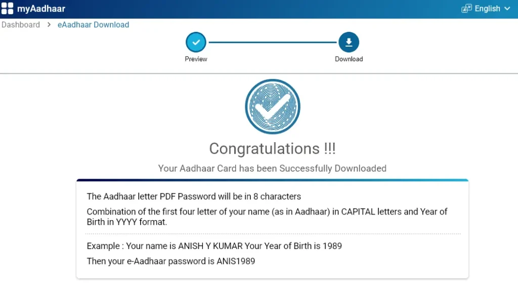 Your Aadhaar Card has been Successfully Downloaded