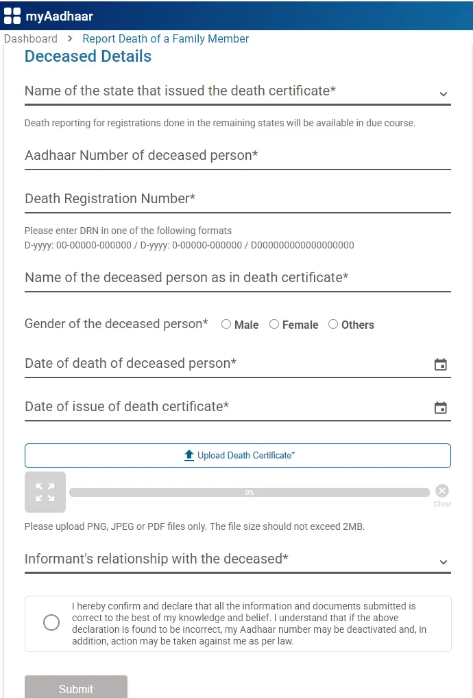 Report Death of Family Member Online Form